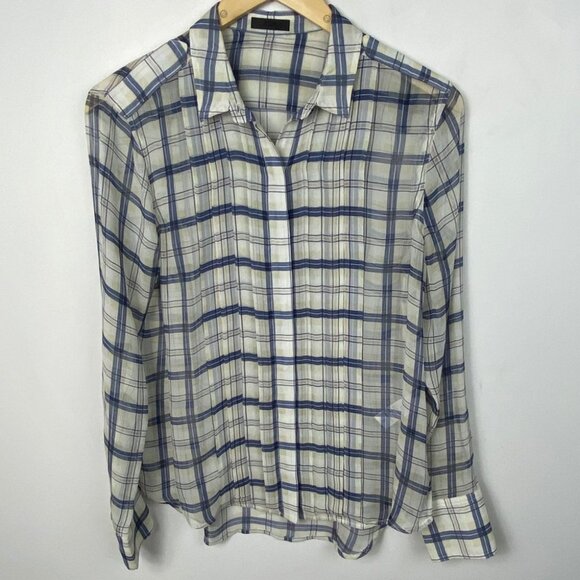 ATM 100% Silk Sheer Plaid Blue Lightweight Blouse PLL Anthony Thomas Melillo XS - Picture 8 of 13